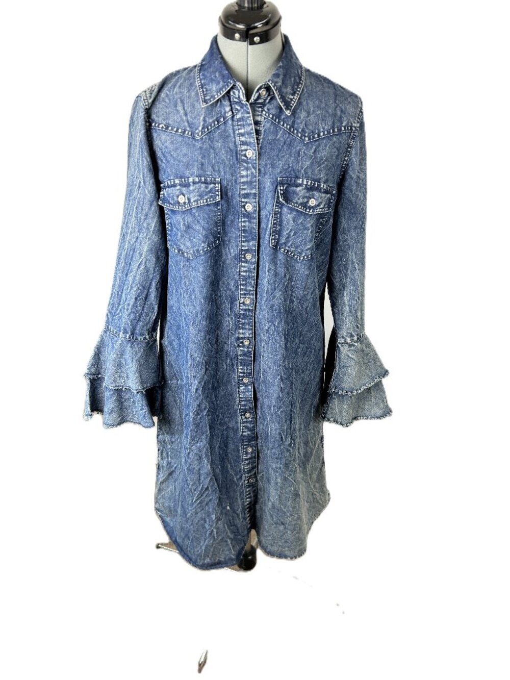 Given Kale Stone Wash Chambray Dress Bell Sleeves L Button up